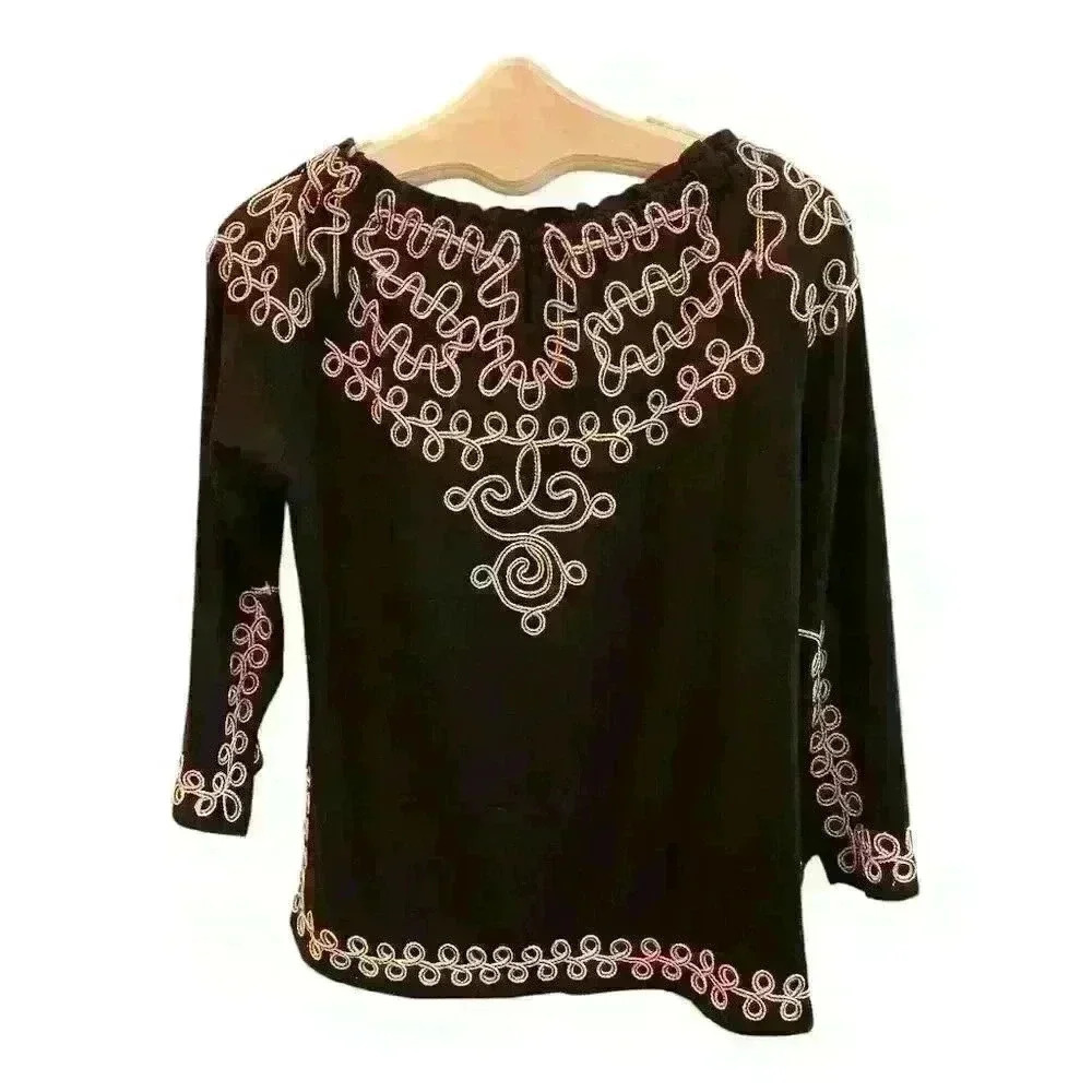 Lauren Michelle Women's XL Black Embroidered Peasant Blouse 3/4 Sleeve - Picture 2 of 5